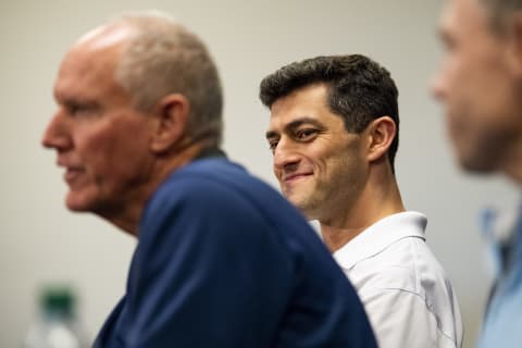 Chaim Bloom introduces Ron Roenicke of the Boston Red Sox (Photo by Billie Weiss/Boston Red Sox/Getty Images)