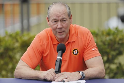 WEST PALM BEACH, FLORIDA – FEBRUARY 13: Owner Jim Crane of the Houston Astros reads a prepared statement during a press conference at FITTEAM Ballpark of The Palm Beaches on February 13, 2020 in West Palm Beach, Florida. (Photo by Michael Reaves/Getty Images)