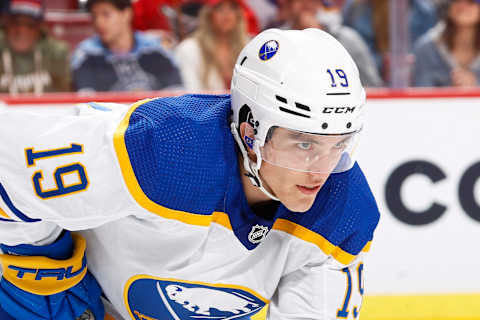 SUNRISE, FL – APRIL 4: Peyton Krebs #19 of the Buffalo Sabres prepares for a face-off against the Florida Panthers at the FLA Live Arena on April 4, 2023 in Sunrise, Florida. (Photo by Joel Auerbach/Getty Images)