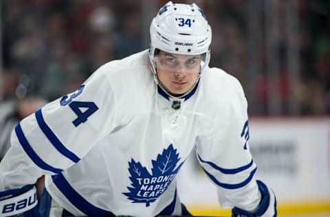 Oct 20, 2016; Saint Paul, MN, USA; Toronto Maple Leafs forward Auston Matthews (34) looks on during the first period against the Minnesota Wild at Xcel Energy Center. The Wild defeated the Maple Leafs 3-2. Mandatory Credit: Brace Hemmelgarn-USA TODAY Sports