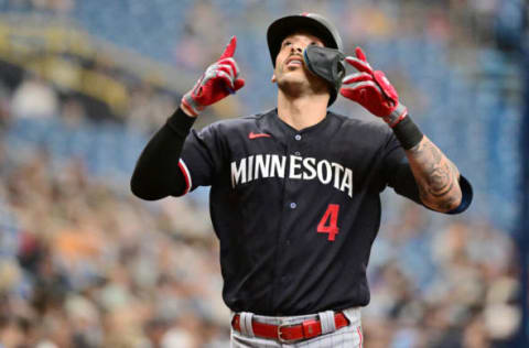 ST PETERSBURG, FLORIDA – JUNE 08: Carlos Correa #4 of the Minnesota Twins reacts after hitting a home run in the fourth inning against the Tampa Bay Rays at Tropicana Field on June 08, 2023 in St Petersburg, Florida. (Photo by Julio Aguilar/Getty Images)