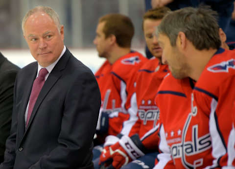 ARLINGTON, VA – APRIL 3: Washington Capitals GM Brian MacLellan ,left, talks to Alex Ovechkin,, right, during a team photo shoot at their practice facility in Arlington, VA on April 3, 2019 . (Photo by John McDonnell/The Washington Post via Getty Images)