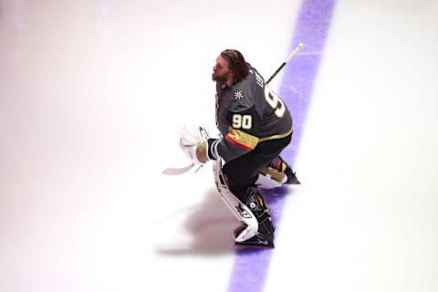 Robin Lehner #90 of the Vegas Golden Knights looks on prior to Game Two of the Western Conference Final against the Dallas Stars. (Photo by Bruce Bennett/Getty Images)