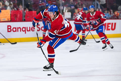 Sep 30, 2023; Montreal, Quebec, CAN; Montreal Canadiens left wing Rafael Harvey-Pinard. Mandatory Credit: David Kirouac-USA TODAY Sports