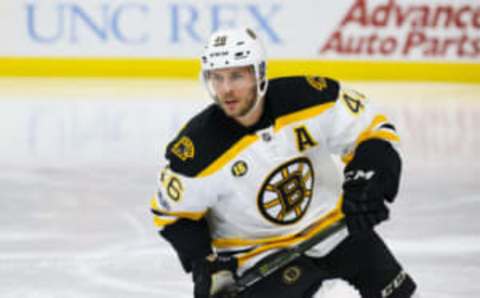 Jan 8, 2017; Raleigh, NC, USA; Boston Bruins forward David Krejci (46) watches the play against the Carolina Hurricanes at PNC Arena. The Carolina Hurricanes defeated the Boston Bruins 4-3. Mandatory Credit: James Guillory-USA TODAY Sports