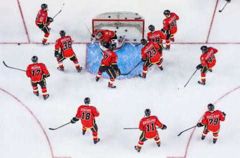 Apr 17, 2017; Calgary, Alberta, CAN; Calgary Flames players during the warmup period against the Anaheim Ducks in game three of the first round of the 2017 Stanley Cup Playoffs at Scotiabank Saddledome. Anaheim Ducks won 5-4. Mandatory Credit: Sergei Belski-USA TODAY Sports