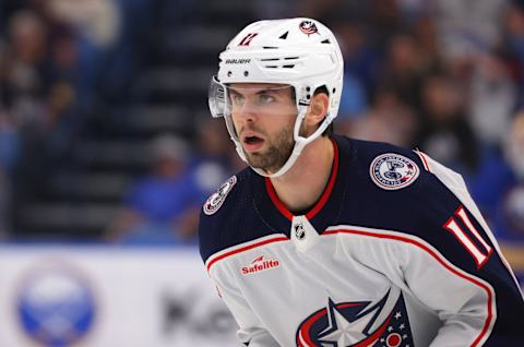 Sep 30, 2023; Buffalo, New York, USA; Columbus Blue Jackets center Adam Fantilli (11) on the ice during the second period against the Buffalo Sabres at KeyBank Center. Mandatory Credit: Timothy T. Ludwig-USA TODAY Sports