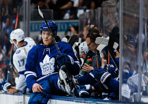 TORONTO, ON – APRIL 4: Jake Gardiner #51 of the Toronto Maple Leafs goes over the boards at an NHM game against the Tampa Bay Lightning during the second period at the Scotiabank Arena on April 4, 2019 in Toronto, Ontario, Canada. (Photo by Kevin Sousa/NHLI via Getty Images)