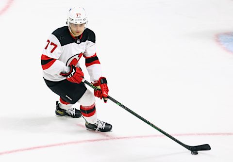 Aarne Talvitie #77 of the New Jersey Devils. (Photo by Bruce Bennett/Getty Images)