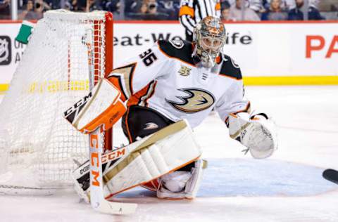 WINNIPEG, MB – JANUARY 13: Goaltender John Gibson #36 of the Anaheim Ducks guards the net during second-period action against the Winnipeg Jets at the Bell MTS Place on January 13, 2019, in Winnipeg, Manitoba, Canada. (Photo by Darcy Finley/NHLI via Getty Images)