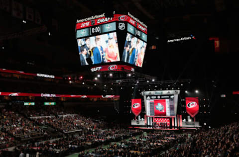 DALLAS, TX – JUNE 22: The jumbotron shows Andrei Svechnikov react after being selected second overall by the Carolina Hurricanes during the first round of the 2018 NHL Draft at American Airlines Center on June 22, 2018 in Dallas, Texas. (Photo by Glenn James/NHLI via Getty Images)