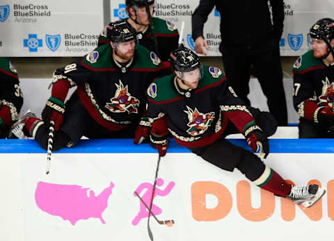 Phil Kessel #81 and Taylor Hall #91 of the Arizona Coyotes. (Photo by Jeff Vinnick/Getty Images)