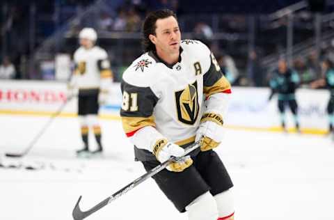 Mar 30, 2022; Seattle, Washington, USA; Vegas Golden Knights center Jonathan Marchessault (81) participates in pregame warmups against the Seattle Kraken at Climate Pledge Arena. Mandatory Credit: Joe Nicholson-USA TODAY Sports