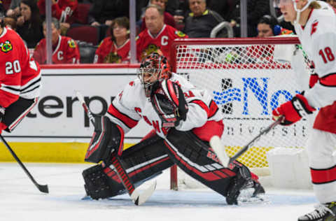 CHICAGO, IL – NOVEMBER 19: Carolina Hurricanes goalie Petr Mrazek (34) stands in goal in the first period during an NHL hockey game between the Carolina Hurricanes and the Chicago Blackhawks on November 19, 2019, at the United Center in Chicago, IL. (Photo By Daniel Bartel/Icon Sportswire via Getty Images)