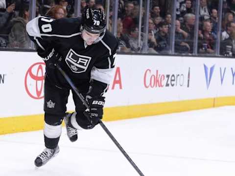 Jan 10, 2015; Los Angeles, CA, USA; Los Angeles Kings left wing Tanner Pearson (70) leaves the ice after suffering an apparent injury in the second period of the game against the Winnipeg Jets at Staples Center. Mandatory Credit: Jayne Kamin-Oncea-USA TODAY Sports