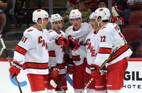 Sebastian Aho, Carolina Hurricanes, Jake Gardiner, Martin Necas, Andrei Svechnikov, Brett Pesce (Photo by Norm Hall/NHLI via Getty Images)