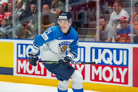 BRATISLAVA, SLOVAKIA – MAY 26: #24 Kaapo Kakko of Finland looks on during the 2019 IIHF Ice Hockey World Championship Slovakia final game between Canada and Finland at Ondrej Nepela Arena on May 26, 2019 in Bratislava, Slovakia. (Photo by RvS.Media/Monika Majer/Getty Images)