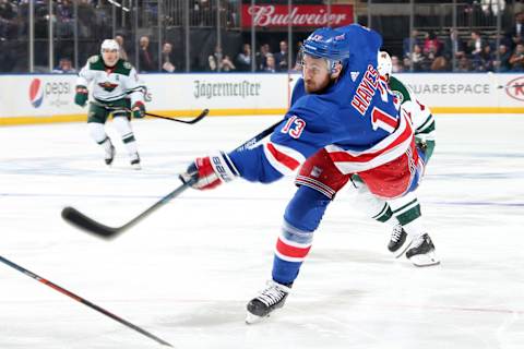 NEW YORK, NY – FEBRUARY 21: Kevin Hayes #13 of the New York Rangers shoots the puck against the Minnesota WIld at Madison Square Garden on February 21, 2019 in New York City. (Photo by Jared Silber/NHLI via Getty Images)