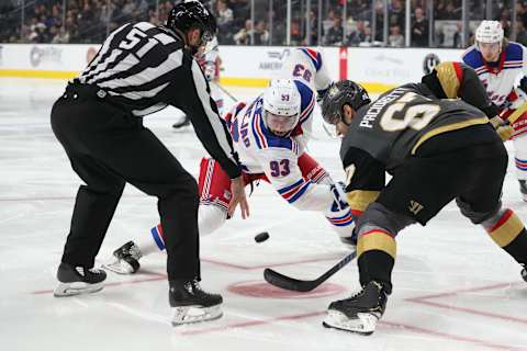 LAS VEGAS, NEVADA – DECEMBER 08: Max Pacioretty #67 of the Vegas Golden Knights faces off with Mika Zibanejad #93 of the New York Rangers during the second period at T-Mobile Arena on December 08, 2019 in Las Vegas, Nevada. (Photo by Zak Krill/NHLI via Getty Images)