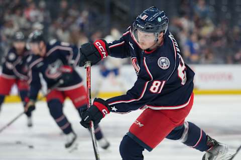 Apr 14, 2023; Columbus, Ohio, USA; Columbus Blue Jackets defenseman Stanislav Svozil (81) skates in warm ups prior to the game against the Buffalo Sabres at Nationwide Arena. Mandatory Credit: Jason Mowry-USA TODAY Sports