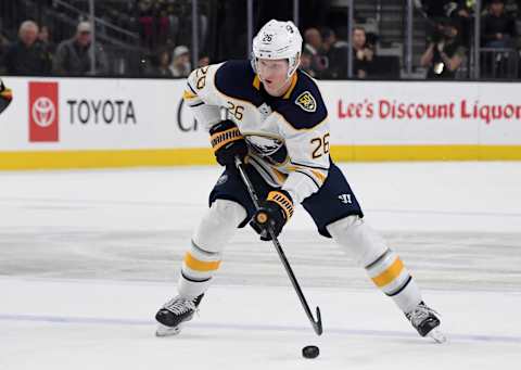 LAS VEGAS, NEVADA – FEBRUARY 28: Rasmus Dahlin #26 of the Buffalo Sabres skates with the puck against the Vegas Golden Knights in the first period of their game at T-Mobile Arena on February 28, 2020 in Las Vegas, Nevada. The Golden Knights defeated the Sabres 4-2. (Photo by Ethan Miller/Getty Images)