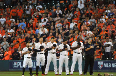 HOUSTON, TX – OCTOBER 12: The Houston Astros lineup for the national anthem before game four of the American League Divison Series against the Kansas City Royals at Minute Maid Park on October 12, 2015 in Houston, Texas. (Photo by Eric Christian Smith/Getty Images)