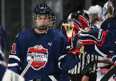 ST. PAUL, MN – SEPTEMBER 19: Team Leopold forward Jack Hughes (21) celebrates the 2nd period goal of Team Leopold forward Cole Caufield (14) during the USA Hockey All-American Prospects Game between Team Leopold and Team Langenbrunner on September 19, 2018 at Xcel Energy Center in St. Paul, MN. Team Leopold defeated Team Langenbrunner 6-4.(Photo by Nick Wosika/Icon Sportswire via Getty Images)