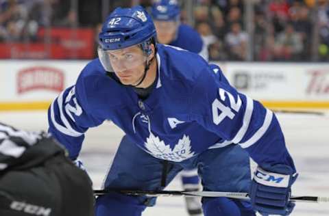 TORONTO, ON: Tyler Bozak #42 of the Toronto Maple Leafs gets set for a faceoff against the Montreal Canadiens at the Air Canada Centre on March 17, 2018. (Photo by Claus Andersen/Getty Images)