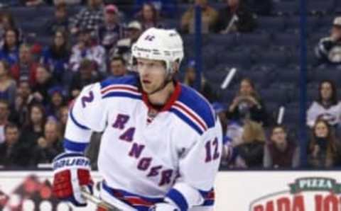 Apr 4, 2016; Columbus, OH, USA; New York Rangers center Eric Staal (12) against the Columbus Blue Jackets at Nationwide Arena. The Rangers won 4-2. Mandatory Credit: Aaron Doster-USA TODAY Sports