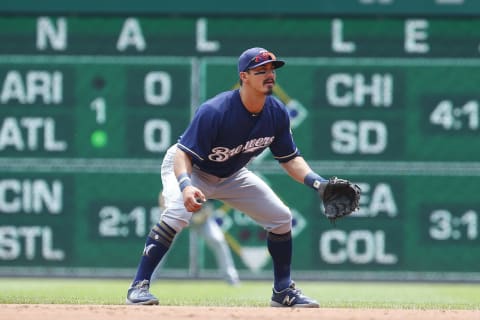 PITTSBURGH, PA – JULY 15: Tyler Saladino #13 of the Milwaukee Brewers in action at PNC Park on July 15, 2018 in Pittsburgh, Pennsylvania. (Photo by Justin K. Aller/Getty Images)