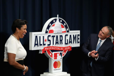 WASHINGTON, DC – JULY 26: Mayor Muriel Bowser and MLB Major League Baseball Commissioner Rob Manfred unveil the logo for the 2018 All Star Game that will be held at Nationals Park next year before the start of the Washington Nationals and Milwaukee Brewers game on July 26, 2017 in Washington, DC. (Photo by Rob Carr/Getty Images)