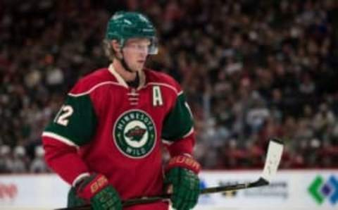 Sep 27, 2016; Saint Paul, MN, USA; Minnesota Wild forward Eric Staal (12) during a preseason hockey game against the Colorado Avalanche at Xcel Energy Center. The Avalanche defeated the Wild 4-1. Mandatory Credit: Brace Hemmelgarn-USA TODAY Sports