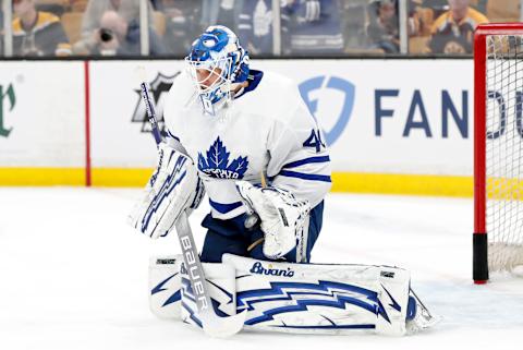 BOSTON, MA – APRIL 11: Toronto Maple Leafs goalie Garret Sparks (40) makes a save in warm up before Game 1 of the First Round between the Boston Bruins and the Toronto Maple Leafs on April 11, 2019, at TD Garden in Boston, Massachusetts. (Photo by Fred Kfoury III/Icon Sportswire via Getty Images)