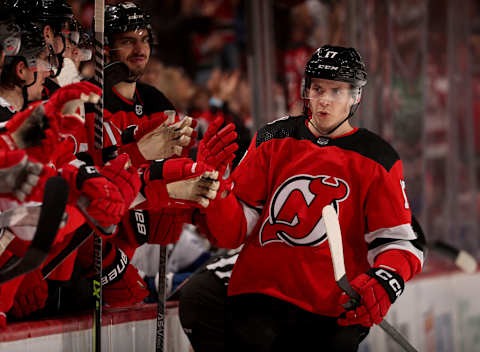 Yegor Sharangovich #17 of the New Jersey Devils. (Photo by Elsa/Getty Images)