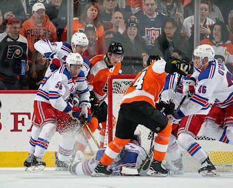 PHILADELPHIA, PA – APRIL 07: Oskar Lindblom #54 and Nolan Patrick #19 of the Philadelphia Flyers battle on a scoring opportunity against Henrik Lundqvist #30, Pavel Buchnevich #89, John Gilmour #58, Vladislav Namestniko #90 and Rob O’Gara #46 of the New York Rangers on April 7, 2018 at the Wells Fargo Center in Philadelphia, Pennsylvania. (Photo by Len Redkoles/NHLI via Getty Images)