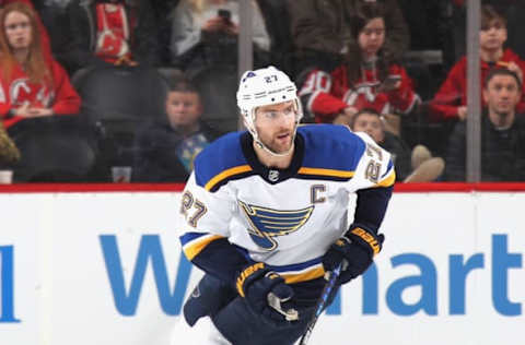 NEWARK, NEW JERSEY – MARCH 06: Alex Pietrangelo #27 of the St. Louis Blues skates against the New Jersey Devils at the Prudential Center on March 06, 2020 in Newark, New Jersey. The Devils defeated the Blues 4-2. (Photo by Bruce Bennett/Getty Images)