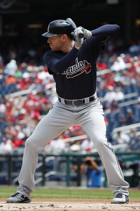 WASHINGTON, DC – AUGUST 09: Freddie Freeman #5 of the Atlanta Braves bats against the Washington Nationals in the first inning at Nationals Park on August 9, 2018 in Washington, DC. (Photo by Patrick McDermott/Getty Images)