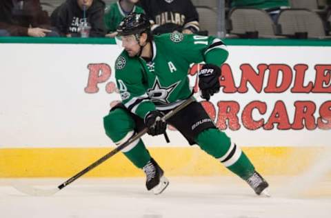 Feb 28, 2017; Dallas, TX, USA; Dallas Stars left wing Patrick Sharp (10) skates against the Pittsburgh Penguins during the third period at the American Airlines Center. The Stars defeat the Penguins 3-2. Mandatory Credit: Jerome Miron-USA TODAY Sports