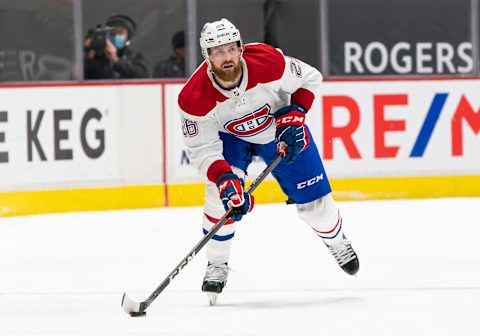 VANCOUVER, BC – MARCH 08: Jeff Petry #26 of the Montreal Canadiens skates with the puck during NHL hockey action against the Vancouver Canucks at Rogers Arena on March 8, 2021 in Vancouver, Canada. (Photo by Rich Lam/Getty Images)