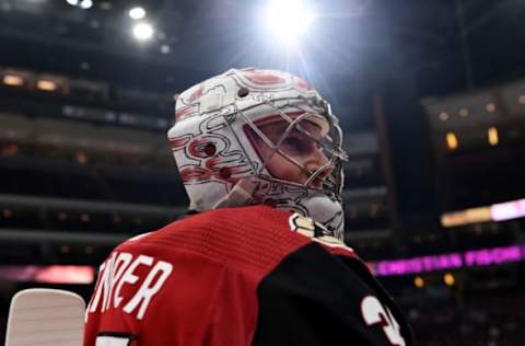 GLENDALE, ARIZONA – OCTOBER 30: Darcy Kuemper #35 of the Arizona Coyotes prepares for a game against the Montreal Canadiens at Gila River Arena on October 30, 2019 in Glendale, Arizona. (Photo by Norm Hall/NHLI via Getty Images)