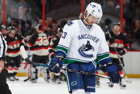 OTTAWA, ON – NOVEMBER 3: Philip Larsen #63 of the Vancouver Canucks hangs his head after a 1-0 loss to the Ottawa Senators at Canadian Tire Centre on November 3, 2016 in Ottawa, Ontario, Canada. (Photo by Andre Ringuette/NHLI via Getty Images)