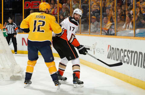 NASHVILLE, TN – MARCH 8: Ryan Kesler #17 of the Anaheim Ducks skates against Mike Fisher #12 of the Nashville Predators during an NHL game at Bridgestone Arena on March 8, 2018. (Photo by John Russell/NHLI via Getty Images)