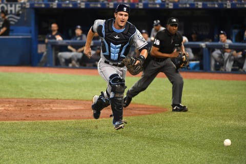 TORONTO, ON – SEPTEMBER 05: Tampa Bay Rays Catcher Nick Ciuffo (19) chases a wild pitch during the regular season MLB game between the Tampa Bay Rays and Toronto Blue Jays on September 5, 2018 at Rogers Centre in Toronto, ON. (Photo by Gerry Angus/Icon Sportswire via Getty Images)