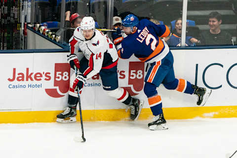 UNIONDALE, NY – OCTOBER 04: Washington Capitals Right Wing Richard Panik (14) controls the puck with New York Islanders Defenseman Nick Leddy (2) defending during the first period of the game between the Washington Capitals and the New York Islanders on October 4, 2019, at Nassau Veterans Memorial Coliseum in Uniondale, NY> (Photo by Gregory Fisher/Icon Sportswire via Getty Images)