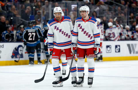 COLUMBUS, OH – JANUARY 16: K’Andre Miller #79 of the New York Rangers talks with Filip Chytil #72 during a stoppage in play in the game against the Columbus Blue Jackets at Nationwide Arena on January 16, 2023, in Columbus, Ohio. (Photo by Kirk Irwin/Getty Images)