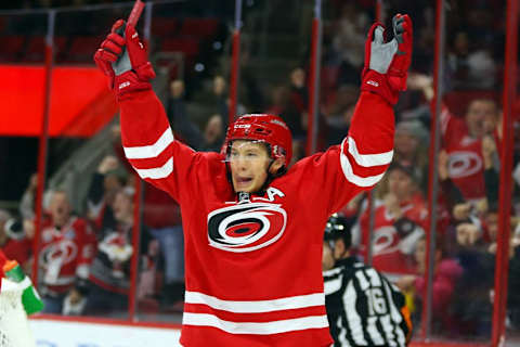 Nov 27, 2016; Raleigh, NC, USA; Carolina Hurricanes forward Jeff Skinner (53) celebrates his second period goal against the Florida Panthers at PNC Arena. Mandatory Credit: James Guillory-USA TODAY Sports