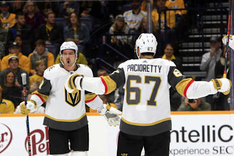 NASHVILLE, TN – NOVEMBER 27: Vegas Golden Knights right wing Mark Stone (61) celebrates his first period goal with left wing Max Pacioretty (67) during the NHL game between the Nashville Predators and Vegas Golden Knights, held on November 27, 2019, at Bridgestone Arena in Nashville, Tennessee. (Photo by Danny Murphy/Icon Sportswire via Getty Images)