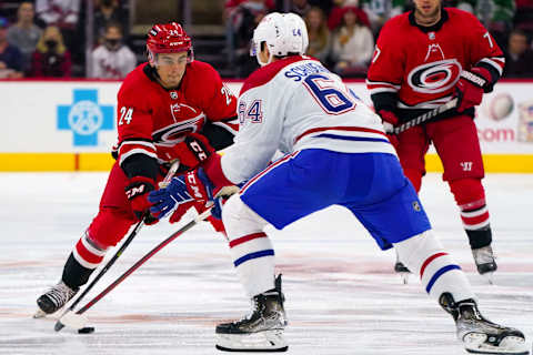 Dec 30, 2021; Raleigh, North Carolina, USA; Montreal Canadiens defenseman Corey Schueneman. Mandatory Credit: James Guillory-USA TODAY Sports