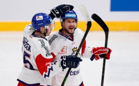 Czech Republic’s Tomas Kundratek (R) celebrates his team’s first goal with David Jiricek (L) during the Beijer Hockey Games (Euro Hockey Tour) ice hockey match between Switzerland and Czech Republic in Stockholm, Sweden on May 8, 2022. – – Sweden OUT (Photo by Christine OLSSON / TT NEWS AGENCY / AFP) / Sweden OUT (Photo by CHRISTINE OLSSON/TT NEWS AGENCY/AFP via Getty Images)