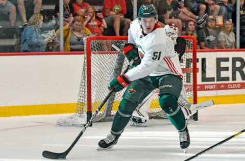 SAINT PAUL, MN – JUNE 28: Minnesota Wild Development Camp attendee Brandon Duhaime (51) skates with the puck during the Minnesota Wild Development Camp 3-on-3 Tournament on June 28, 2019, at TRIA Rink at Treasure Island Center in St. Paul, MN (Photo by Nick Wosika/Icon Sportswire via Getty Images)